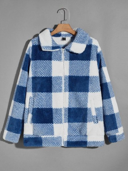 

men buffalo plaid pattern teddy jacket a7om#, Black;brown