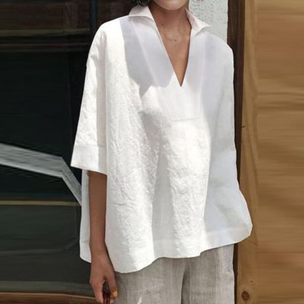 

summer v neck cotton womens shirts wild casual and short sleeved solid color, White