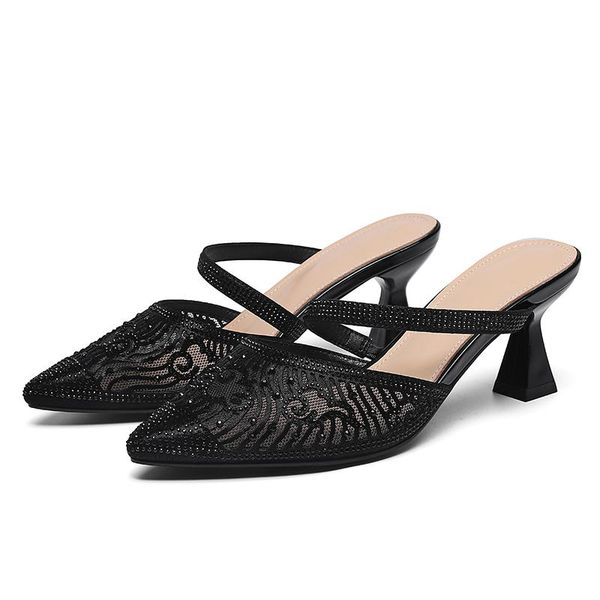

summer women pointed air mesh high-heeled sandals slippers flip flops out wear high heels shoes 2-9825, Black
