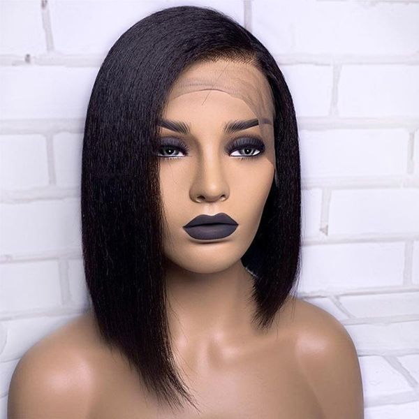 

150% density short bob remy kinky straight 13x6 lace front human hair wig for woman black with babyhair pre-plucked can dye wigs, Black;brown
