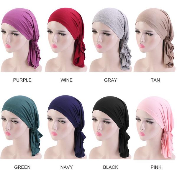 

beanie/skull caps elastic modal solid color wrap head scarf hats muslim turban bonnet for women inner hijab hat fashion female turbantes, Blue;gray