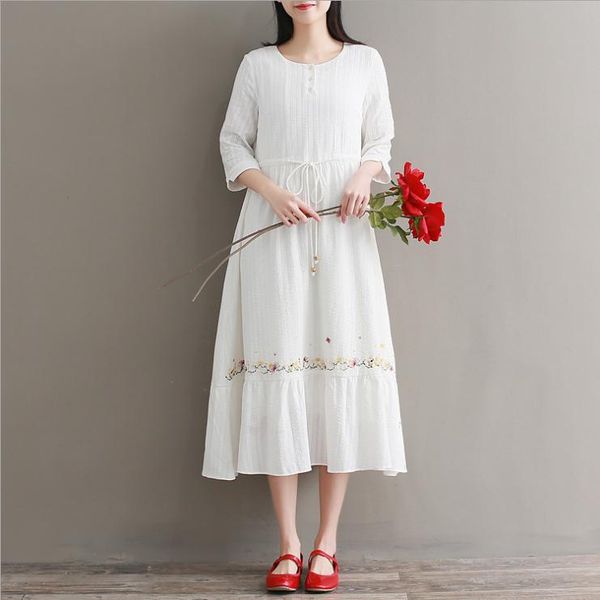 

mori girl summer elegant white dress o neck lace up waist embroidery pleated hem artsy retro women fq25 casual dresses, Black;gray