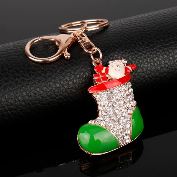 

Christmas Theme Jewelry Hot Crystal Santa Claus Present Stocking Pendant Rhinestone Keychain for Handbag Keying Gifts