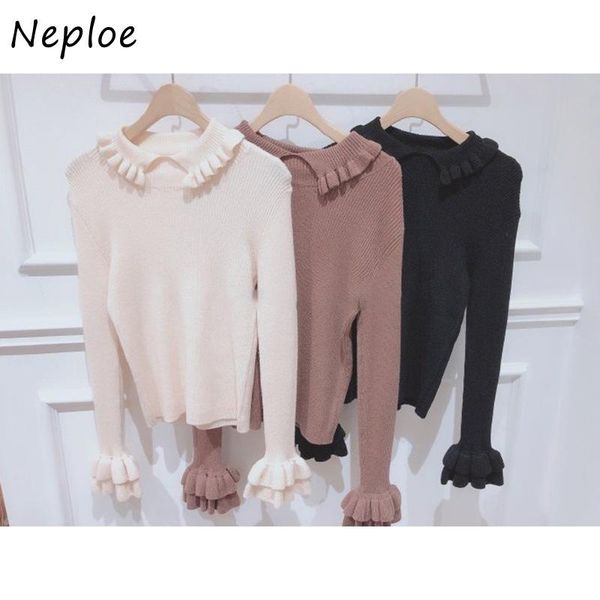 

women's sweaters neploe 2021 autumn casual slim fit femme solid color chic flare sleeve sweater women sweet fashion pulloves 1g487, White;black
