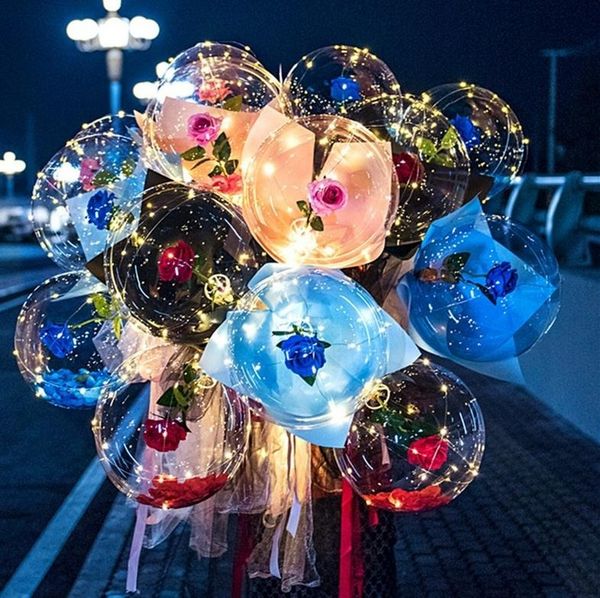 LED-Leuchtballon-Rosenstrauß, transparente Blase, verzauberte Rose mit Stab, LED-Bobo-Ball, Valentinstagsgeschenk, Hochzeit, Party, Dekoration 496