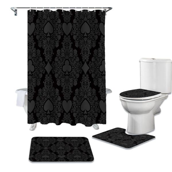 

shower curtains black playing card hearts heart lace durable waterproof curtain set bathroom rugs carpet toilet seat cover pad floor mat