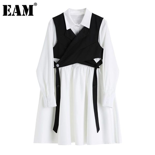 

[eam] women white pleated temperament dress lapel long sleeve loose fit fashion tide spring autumn 2021 1da367 casual dresses, Black;gray