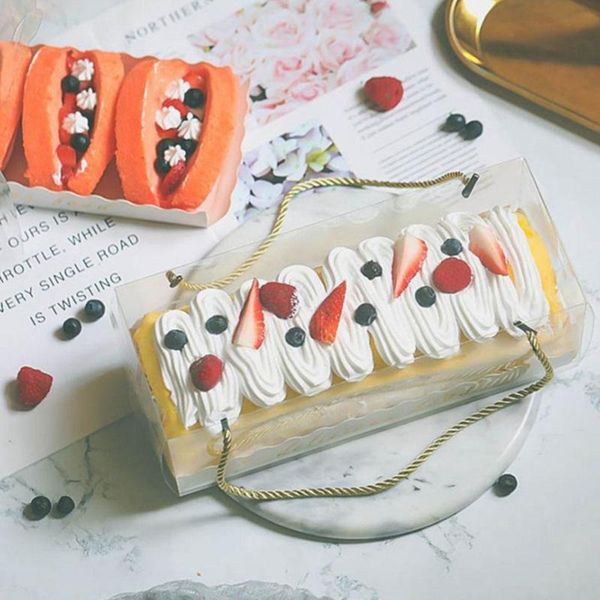 

gift wrap 10pcs transparent cake swiss roll boxes pet packaging dessert container holder with handle packing box long