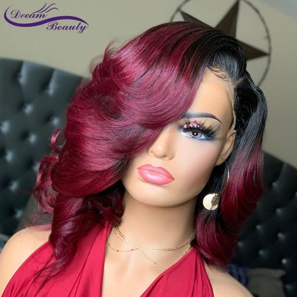 

burgundy colored brazilian human hair wigs for women short bob wavy lace front 180% density glueless 4x4 closure, Black;brown