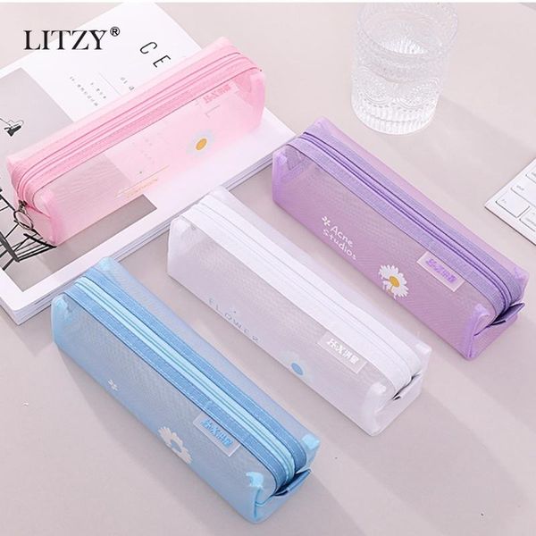 

flower pencil case for school transparent nylon pencilcase girl mesh bag student zipper stationery pouch supplies bags