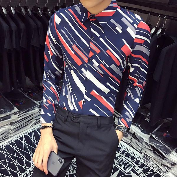 

men's casual shirts asian size diagonal stripes printed shirt blouse men turn down collar slim fit camisa masculina autumn brand mens, White;black