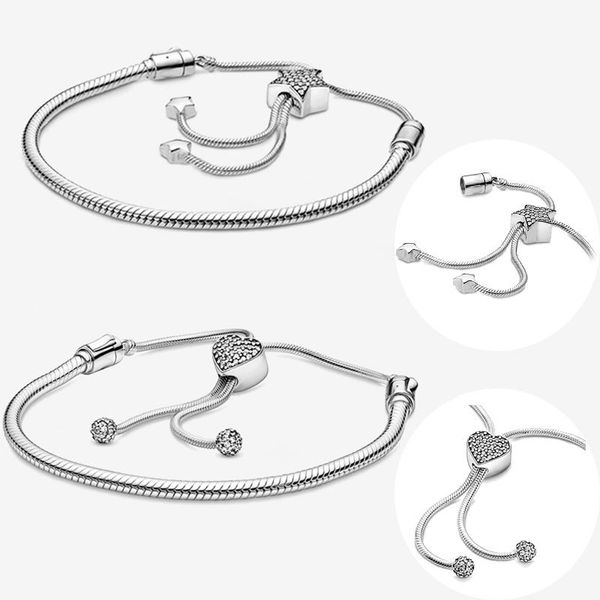 

link, chain moments series 925 sterling silver sliding ajustable bracelet pavÃ© star heart clasp snake slider women jewelry, Black