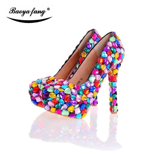 

multicolored big crystal women wedding shoes high heels bride party dress leather insole woman pumps, Black