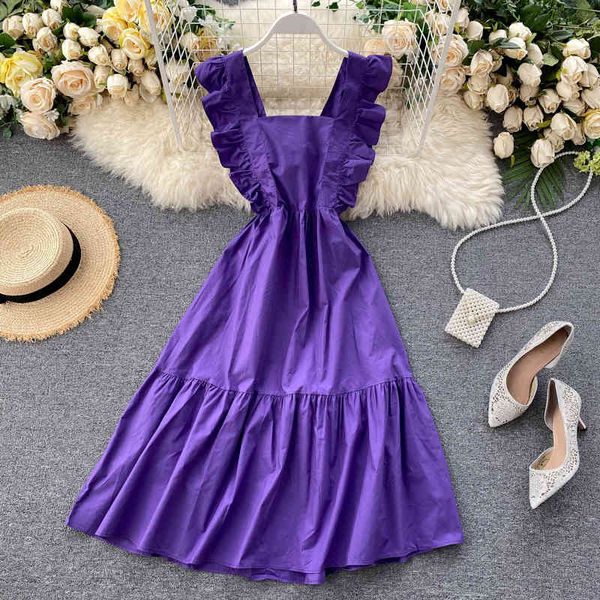 

romantic women dress back hollow out bow bandage dresses 2021 new summer sleeveless ruffles party dress clothing purple x0521, Black;gray
