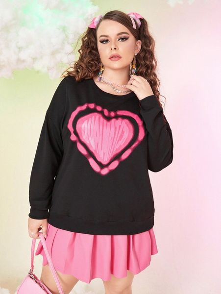 

plus heart print drop shoulder sweatshirt w7rr#, Black