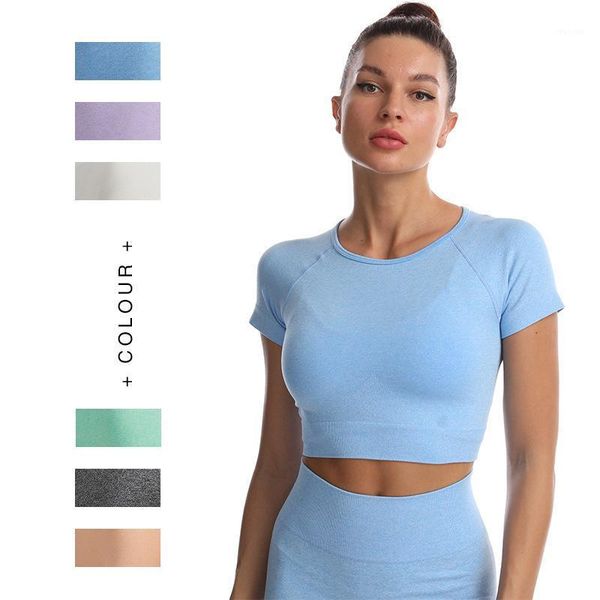 

yoga outfit shirts short sleeve vital solid color athletic workout gym clothing tracksuit women seamless fitness crop top