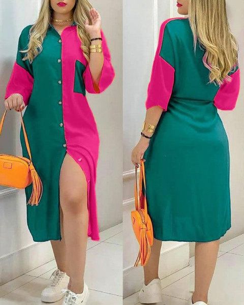 

casual dresses fall fashion hit color over-the-knee slit dress long sleeves with pocket buttons retro women's clothing, Black;gray