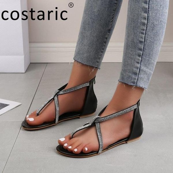 

back zipper rhinestone women flip flop sandals elegant cover heel 2021 round toe shiny crystal black