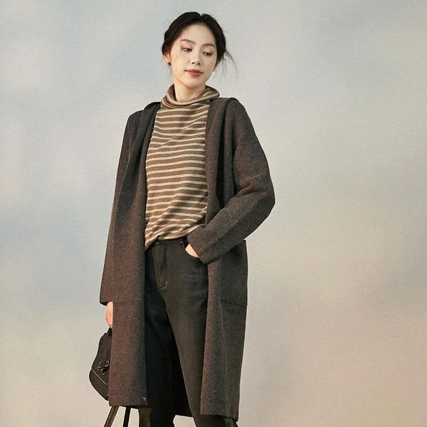 

gjcp autumn and winter medium length knitted cardigan coat simple versatile sweater women's thickened windbreaker trench coats, Tan;black
