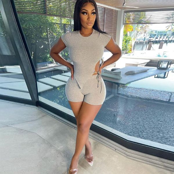 

women's tracksuits side hollow drawstring short sleeve t-shirt and workout biker shorts fitness two piece suits, Gray