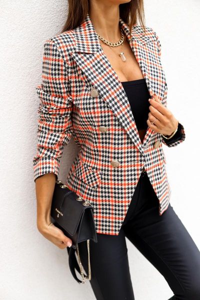

women's jackets fashion lady's small coat autumn long sleeve double breasted grid print jacket casual pocket slim female outwears, Black;brown
