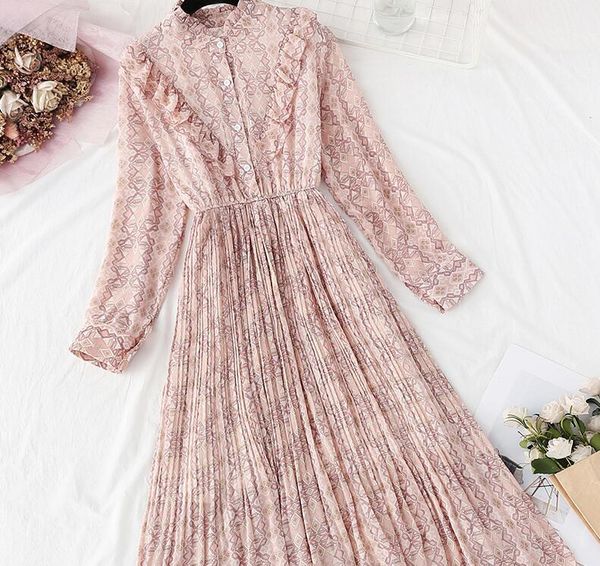 

a line high neck elegant stand collar ruffles women es long sleeve plaid female chiffon pleated spring vestidos femme, Black;gray