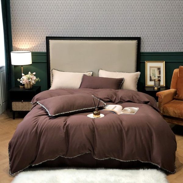 

bedding sets 600tc cotton set tassels duvet cover pillowcase flat/fitted sheet with rubber  king size 4pcs