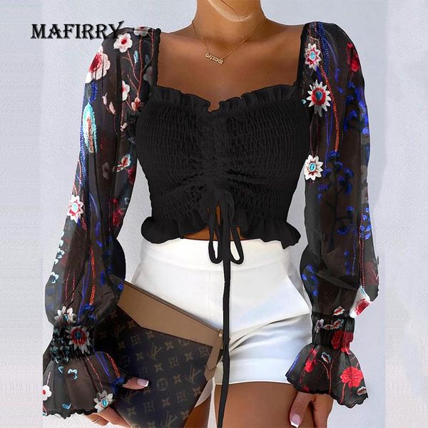 

women's blouses & shirts square collar femme long sleeve blouse casual shirring style slim butterfly women floral print short pull, White