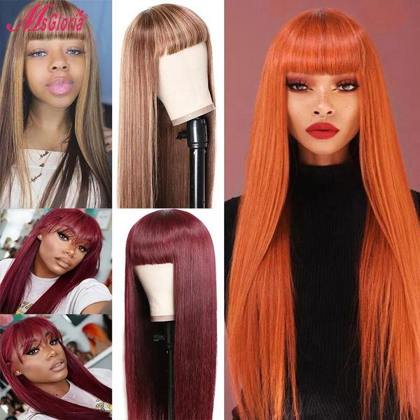 

colored human hair wigs with bangs ginger red honey brown straight wig pre-plucked brazilian glueless remy for women lace, Black;brown