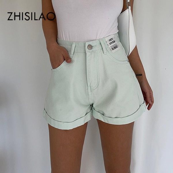 

women's jeans zhisilao pink wide leg a-line denim shorts women vintage mint green streetwear chic straight summer 2021, Blue