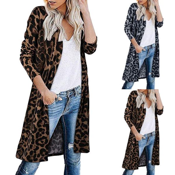 

women's knits & tees women leopard print cardigan jacket coat casual outwear thin blouses v-neck slim polyester spandex, White