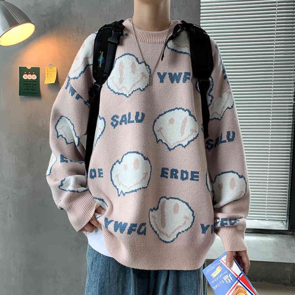 

men's hip hop pullover harajuku fashion knitted o-neck cartoon ovsizide autumn winter loose long sve casual sweater, White;black