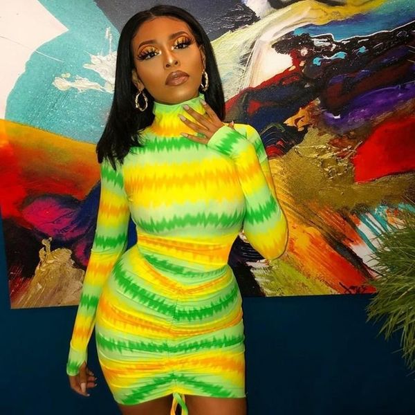 

print turtleneck bodycon autumn dress women long sleeve mini dresses for casual elastic drawstring ruched party, Black;gray