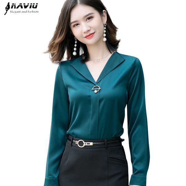 Camisa verde escura mulheres manga comprida satin profissional forma forma forma forma solta blusas trabalho de alta qualidade tops 210604