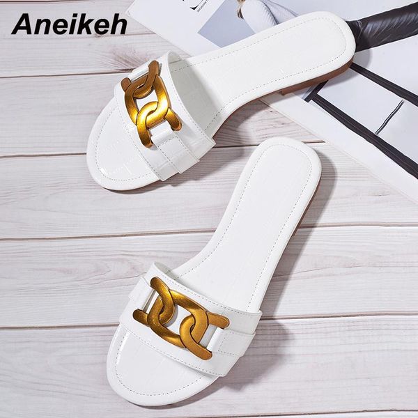 

slippers aneikeh summer fashion solid women's concise pu diamond lattice metal decoration open toe flat heel women beach mules, Black
