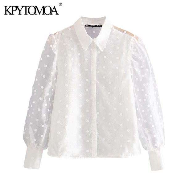 

women fashion polka dot see through blouses vintage lapel collar long sleeve female shirts chic 210420, White