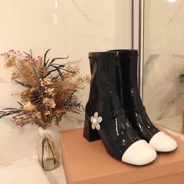 

boots ankle women shoes patent leather botas de mujer high heels casual femmes chaussures 2021 botines winter kobiet buty, Black
