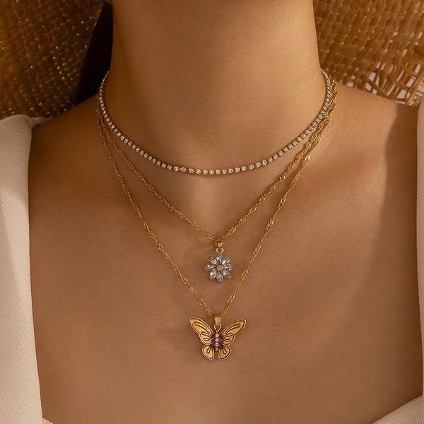 

huatang elegant zircon daisy butterfly pendant necklace for women multilayer tennis crystal chains necklaces female jewelry gift, Silver