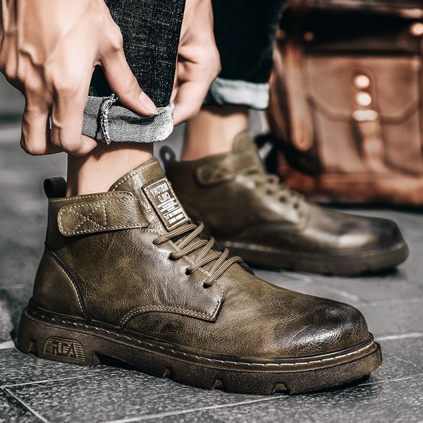 

autumn and winter martin boots men's british leather round head middle casual lace up short shoes, Black