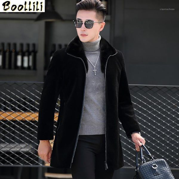 

men's leather & faux boollili fur coat mens winter jacket sheep shearing wool mink collar thick long padded jackets parka homme, Black