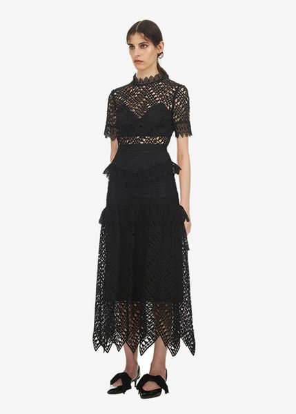

casual dresses self portrait runway women lace crochet hollow out ruffles long vestidos short sleeve party nvwj, Black;gray