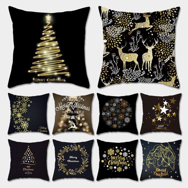 

black bronzing gold foil snowflake merry christmas pillowcase for home decor ornaments xmas noel santa claus cushion/decorative pillow