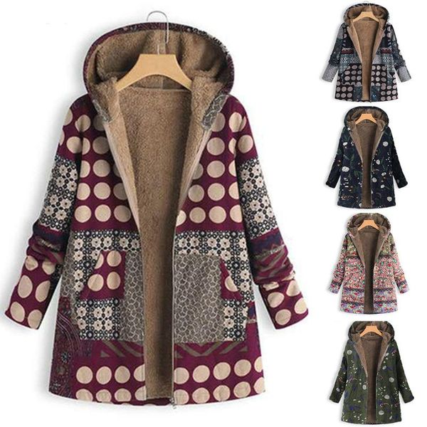 

women's jackets female jacket plush coat windbreaker winter warm outwear print hooded pockets vintage oversize coats plus size parkas, Black;brown