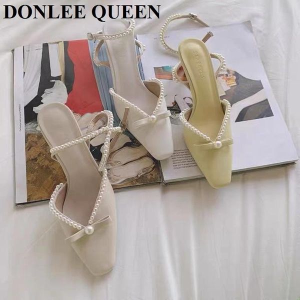 

fashion mid heel pointed toe sandals women ankle buckle strap slingback sandal elegant pearl pumps party wedding shoes chaussure, Black