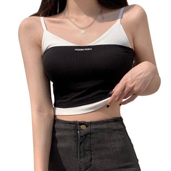 

women's tanks & camis summer v neck peatchwork color letter printed camisole slim exposed navel tank blouse, White