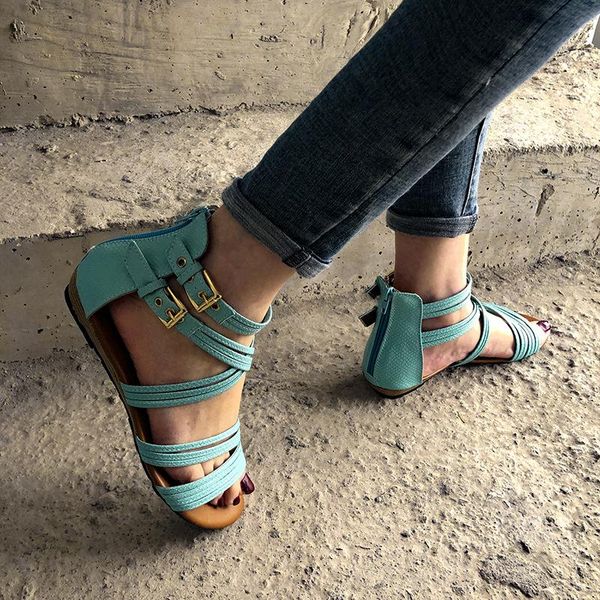 

sandals casual women 2021 summer fashion zipper open toe women's flat comfortable roman, Black