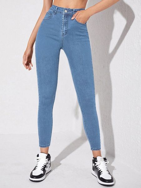 

high waist slant pockets skinny jeans v1em#, Blue