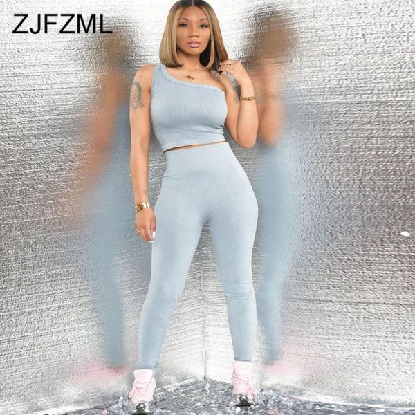

women's tracksuits 2021 summer one shoulder sleeveless bandage crop and high waist slim fit legging activewear sporty matching set 2 pi, Gray