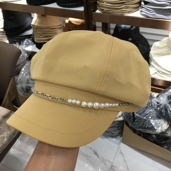 

stingy brim hats 202108-2502f038 autumn spring pearl chain street lady leisure octagonal hat women visors cap, Blue;gray