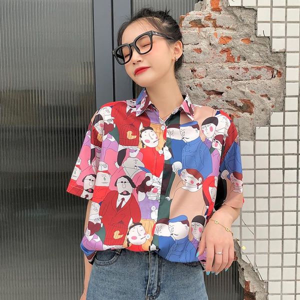 

women's blouses & shirts vintage cartoon print loose oversize preppy style summer clothing hipster fashion brand ladies, White